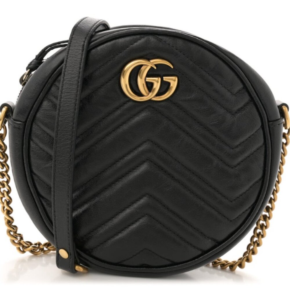 Authentic Gucci GG Marmont Matelassé Round Mini Bag – Black